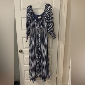 Anthropologie Blue & White Striped Long Sleeve midi dress SZ L prairie country
